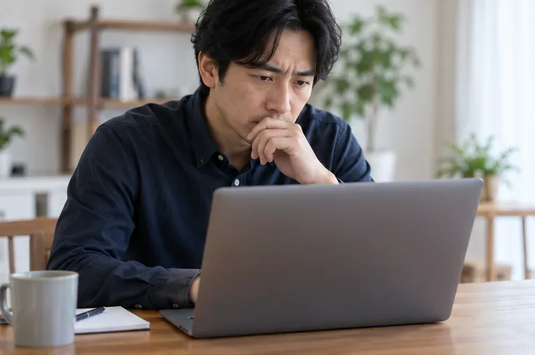 ノートパソコンの画面を見ながら案内を確認する利用者