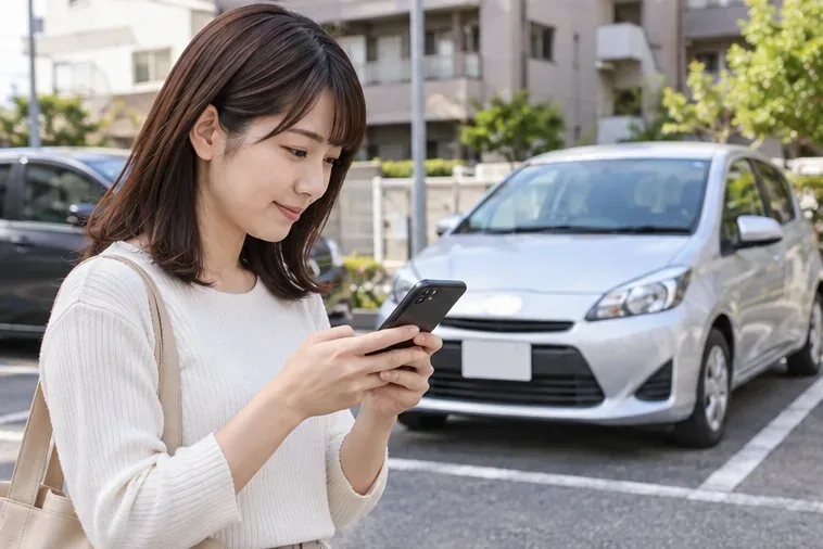 スマートフォンでタイムズカーの利用予約を確認する人と、駐車場に停車したコンパクトカー
