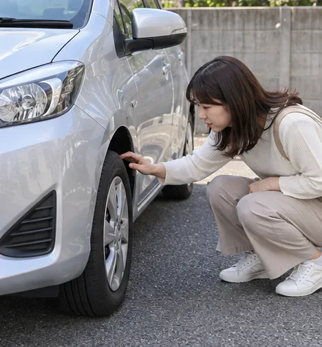 出発前にコンパクトカーのタイヤを目視で点検する人