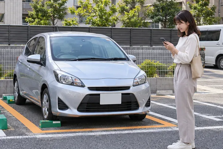 日本の駐車場の指定区画に戻したコンパクトカーと、スマートフォンを操作する利用者