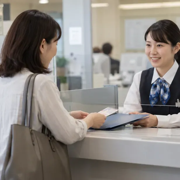 当せん券と書類を持参した客が、日本の銀行窓口で担当者に手続きを相談する様子。