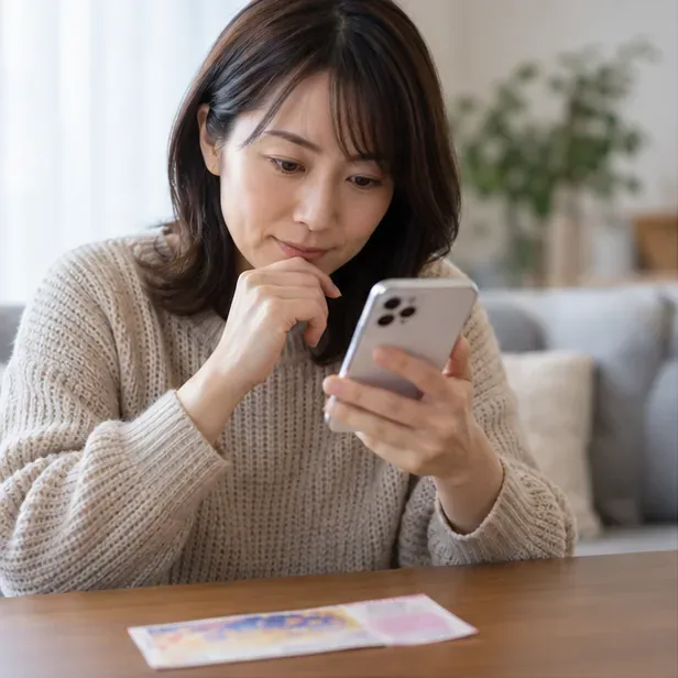 スマートフォンで宝くじの公式当せん番号案内を確認する人と、机上の紙券。