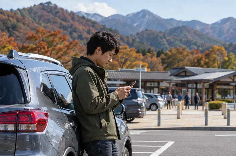 サービスエリアの駐車場で停車した車のそばからスマートフォンを見る人