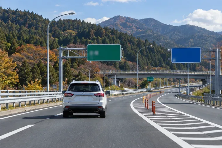 山間部の広い道路で分岐へ向かって走る車