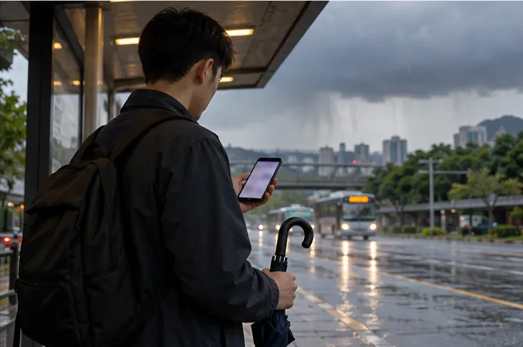 通勤者在有遮蔽的公車站查看手機並拿著雨傘，遠處街道上可見降雨。