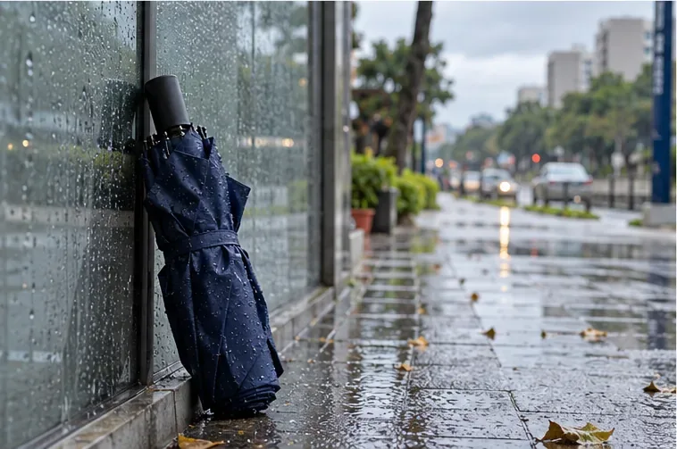 摺疊傘靠在玻璃窗旁，窗外人行道雨後潮濕並映出街燈。