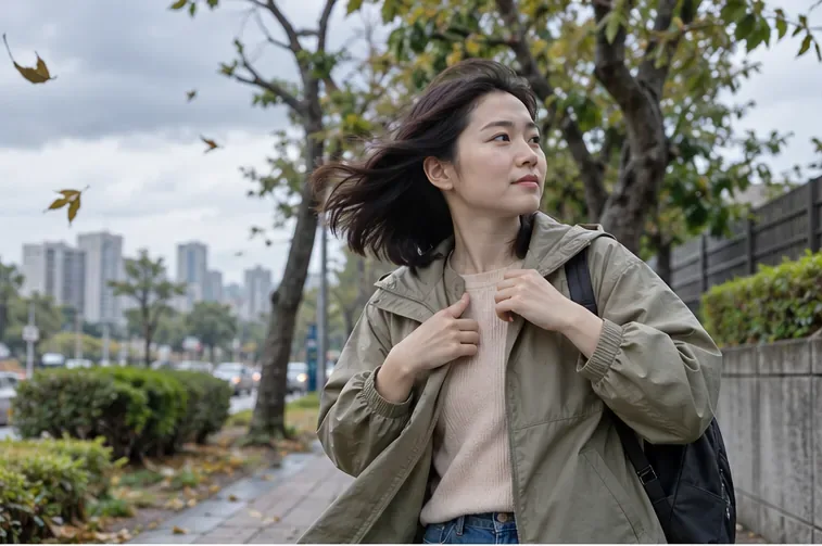 一名女子在有風的陰天街道上拉好外套，旁邊樹葉被風吹動。