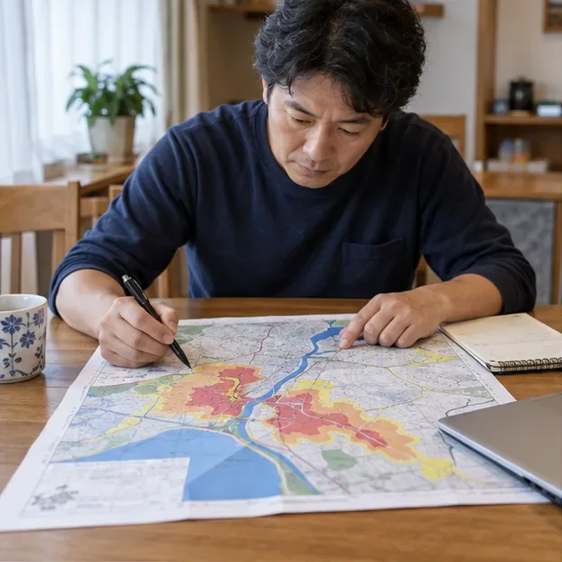 自宅のテーブルで洪水や土砂災害のハザードマップを広げ、ペンで避難経路を確認する人