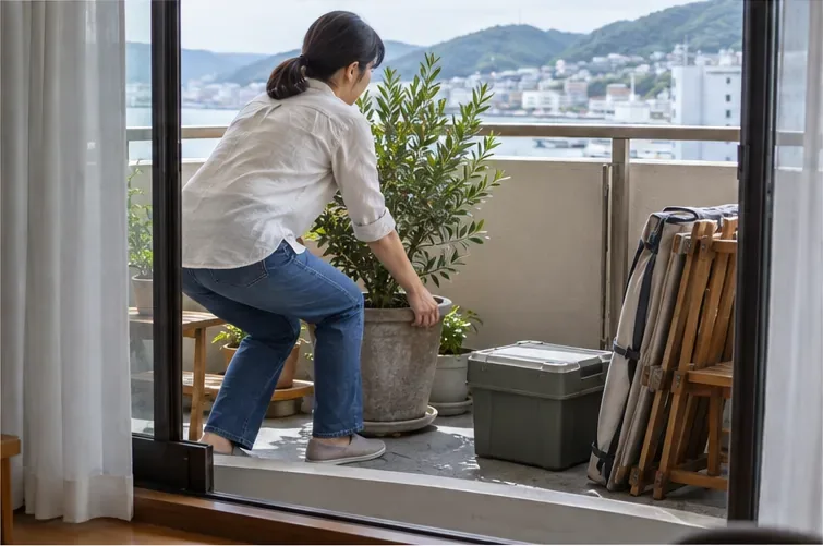 風が強まる前にベランダの鉢植えを室内へ移す人