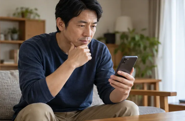 窓から離れた室内で、スマートフォンを見て気象情報を確認する人