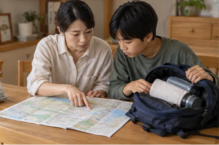 紙の地図を見ながら持ち出し袋と避難先を確認する家族