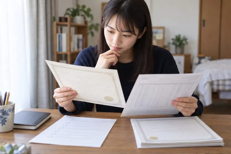 海外高校の卒業証明書や成績表とチェック用紙を机に広げ、内容を確認する架空の志願者。