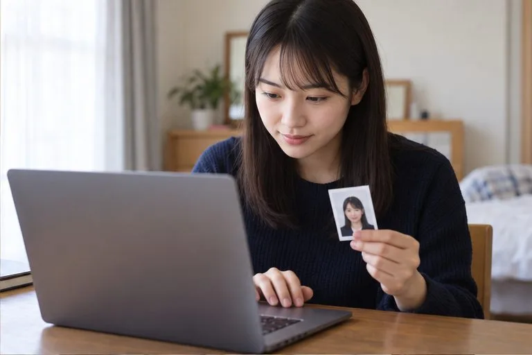 ノートパソコンで入力しながら顔写真を手に確認する架空の志願者。画面の文字は判読できない。