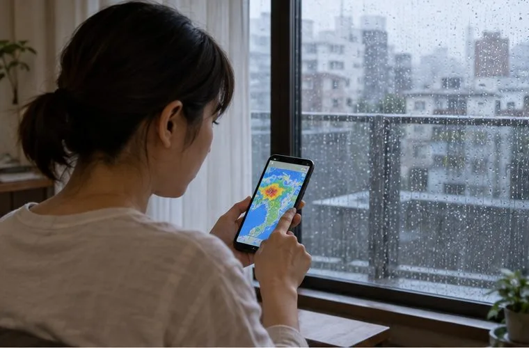 雨の降る窓辺で、スマートフォンの色分け地図を確認する人