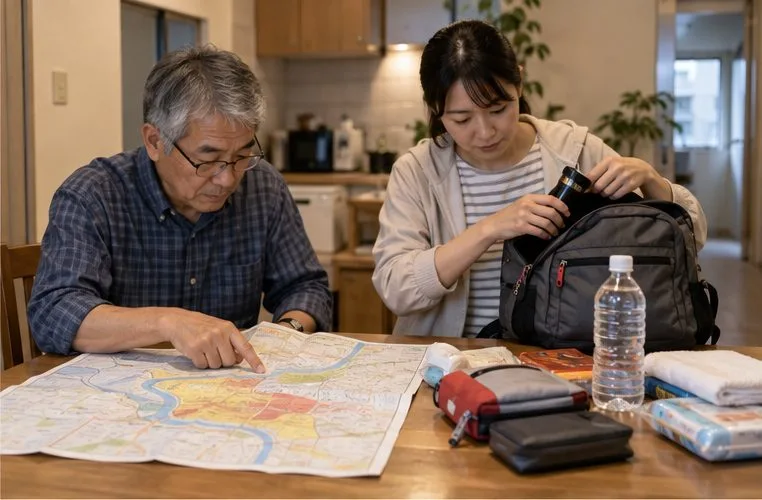 自宅のテーブルで避難用バッグと地図を確認する高齢者と家族