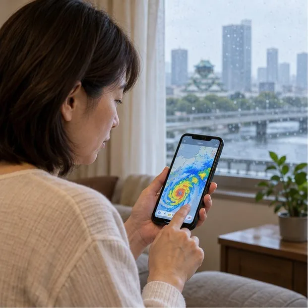 雨の降る都市の窓辺で、スマートフォンの雨雲レーダーを確認する人