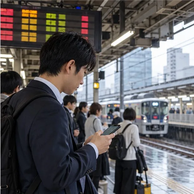 雨に濡れた駅のホームで、電車の案内表示を確認する通勤客
