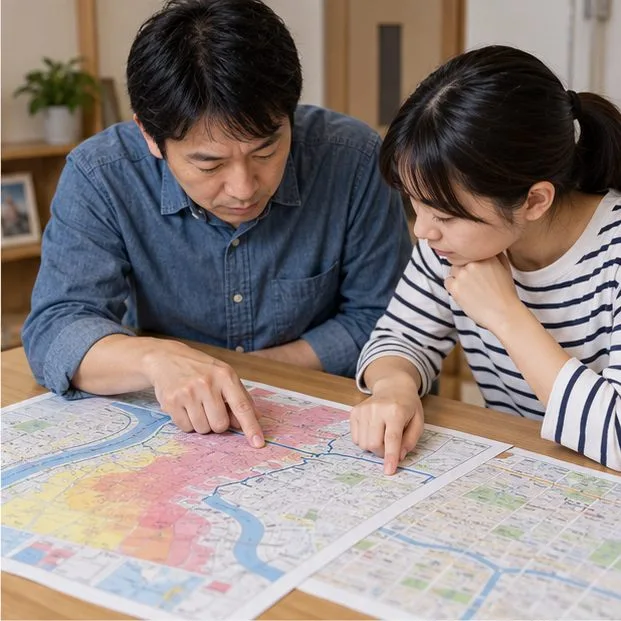 食卓に広げた浸水想定図を家族で指差し、避難先を相談する様子