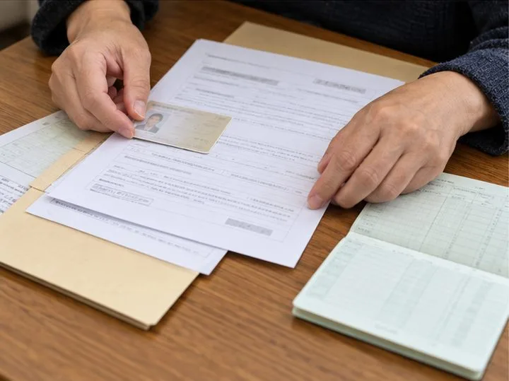 雙手在桌面整理紙本申請表、身分卡與其他退休申請資料。