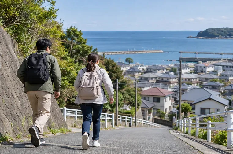 海を見下ろす沿岸の坂道を、リュックを背負った二人が内陸側へ上っている