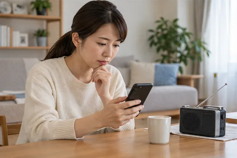 スマートフォンの画面を確認する人の横に、電池式ラジオが置かれている