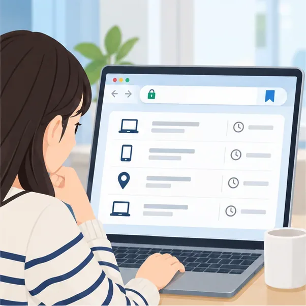 ログイン履歴の一覧をノートパソコンで確認する利用者。日時と利用サービスの行が並んでいる。