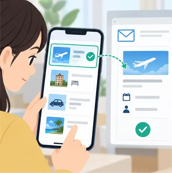スマートフォンの旅行予約一覧と予約確認メールを見比べる利用者。