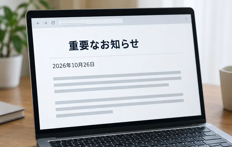 ノートパソコンに2026年10月26日付の重要なお知らせが表示されている