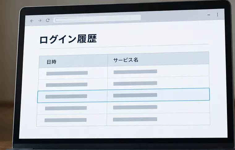 日時とサービス名の列が並ぶログイン履歴を確認する画面の概念図