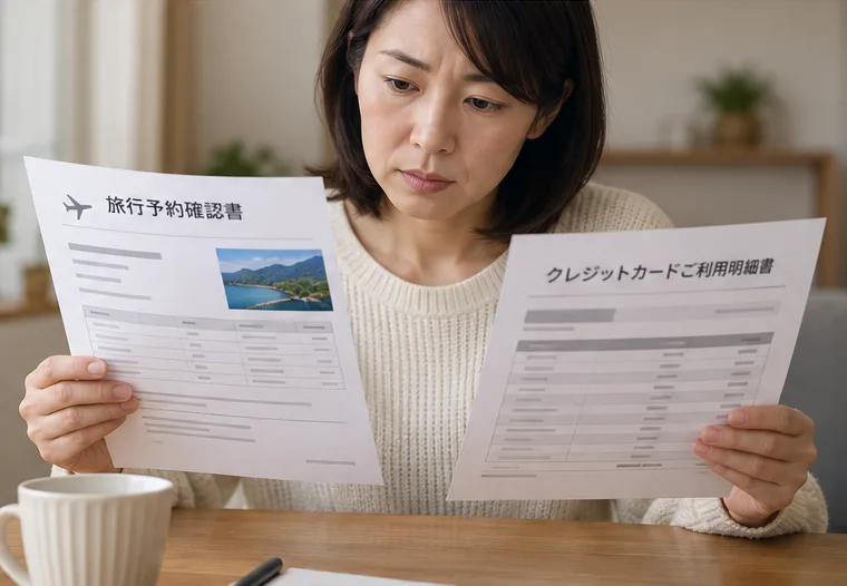 旅行予約の確認書とクレジットカード利用明細を見比べている人