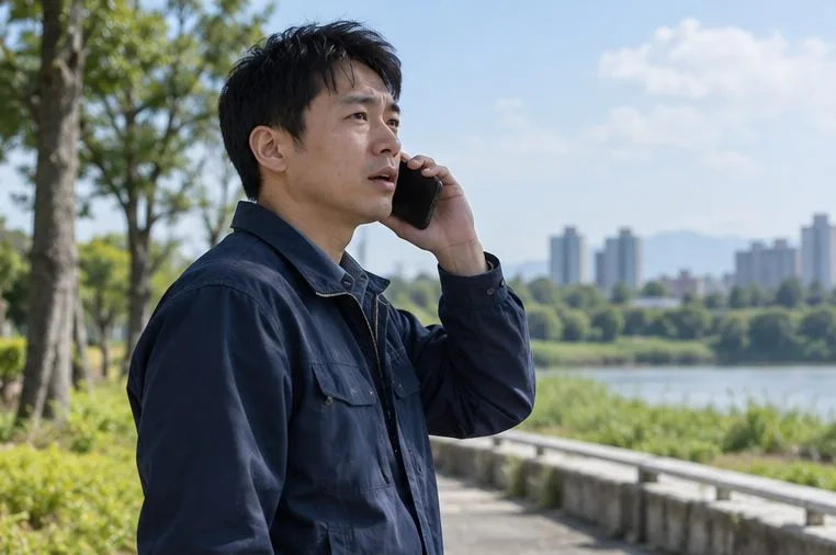 一名男子在遠離建物的戶外空地以手機通話