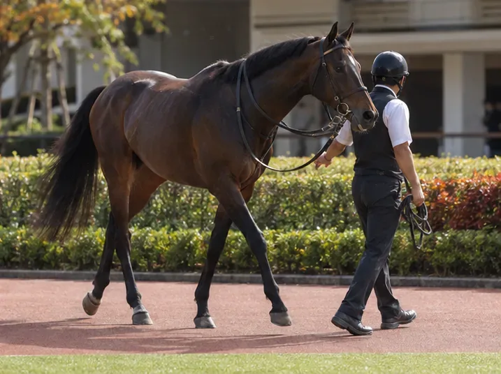 スタッフに引かれ、落ち着いた様子で歩く栗毛の競走馬。