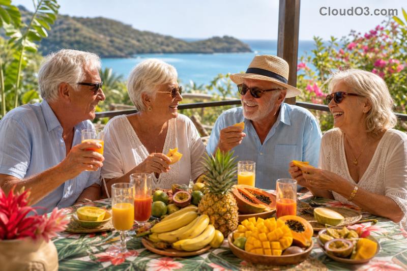 Coppia di pensionati italiani in terrazza con vista sul mare greco